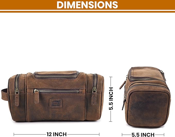 LEATHER VILLAGE Genuine Leather Travel Dopp Kit for Men & Women – Large Capacity Hanging Toiletry Bag with Water-Resistant Lining – Ideal for Travel, Grooming & Gym - Brown