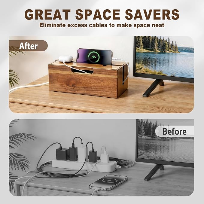 Acacia Cable Management Box, Cord Hider Organizer with Phone Stand, 12" L Cord Box for Power Strip, TV Wires & Desk Cable Storage, Office Under Desk Cable Storage Box for Wire