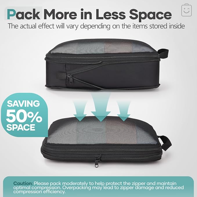 Veken 10 Set Compression Packing Cubes for Travel Essentials,Compressible Expandable Large Luggage Suitcase Organizer Bags for Clothing,Durable Space Saver Storage Bags with Makeup Bag(Black)