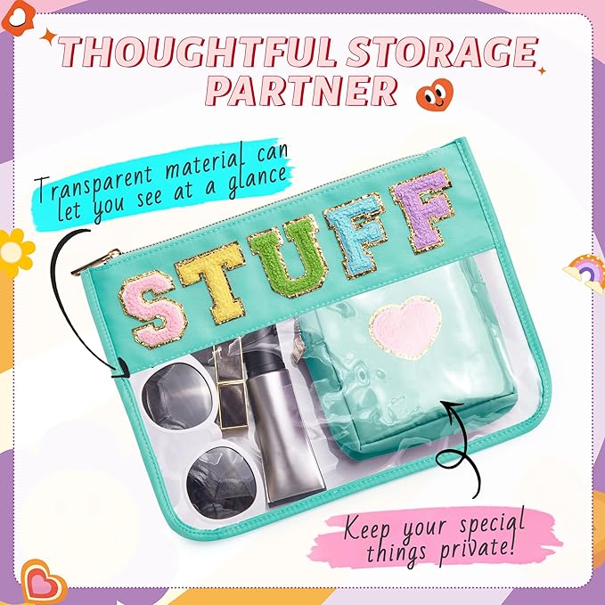 Preppy Patch Stuff Bag for Travel, 2 PCS Chenille Letter Clear Sunscreen Bag, PU Waterproof Beach Snack Makeup Cosmetic Bag Pouch, Gift for Women Girls