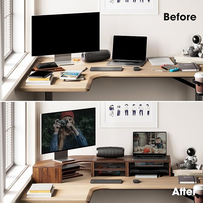Fenge Dual Monitor Stand, Corner Monitor shelf with Drawer and Slide-Out Tray, 2 Tier Triangle Monitor Riser with Storage, Desk Shelf Organizer for Desk, Home Office, Computer, Laptop, Printer