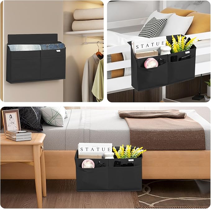 2 Pack Desk Side Hanging Organizer, Adhesive Storage Bag with Pockets for Magazine Ipad Notebook, for End Tables Home Office Desks Computer Workstations Dressing Table, Black