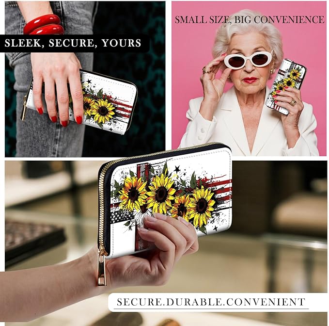 RFID-Blocking Zip Around Wallets for Women with Detachable Wrist Strap,Large Capacity Phone Holder with Card Organizer & Coin Pocket,Cross American Flag Sunflower