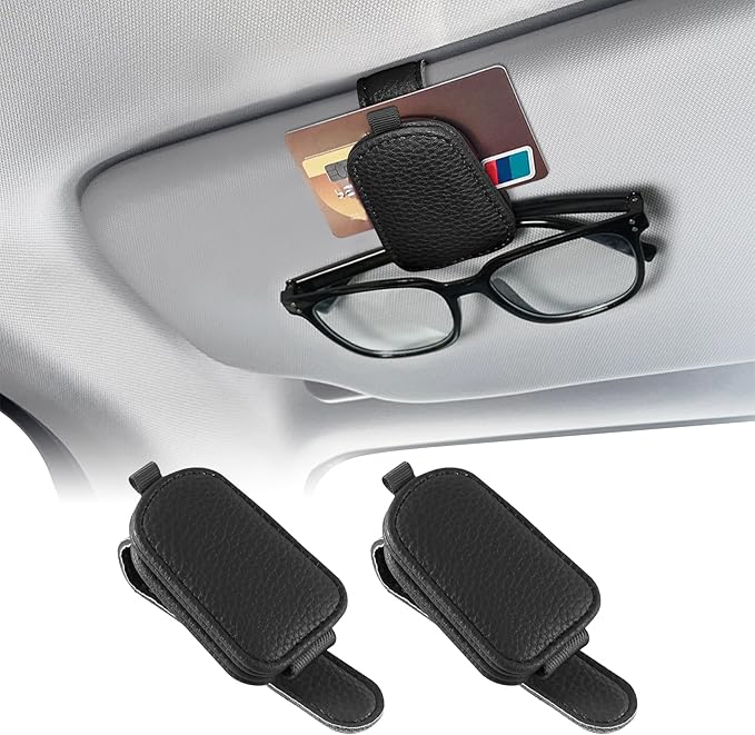 Sunglasses Holders for Car Visor, Sunglass Car Organizer, Leather Magnetic Buckle Sun Visor Sunglass Clip, Car Accessories Ticket Card Clip Sunglasses Mount Fit Truck (Black, 2PCS)