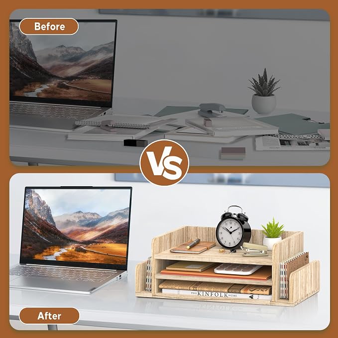 SUPEASY Wooden Desk Organizer, 3-Tier Letter Tray File Organizer with Dual Side Mail Sorter, Solid Wood Desktop Paper Organizer for Office, Home Office, Classroom (Natural Wood)