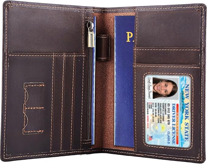 STAR VISTA Phoenix Leather Passport Holder, Full Grain Cowhide Travel Wallet - RFID Blocking, ID Window, Zipper Pocket, Pen & Notebook Included, Dark Chocolate