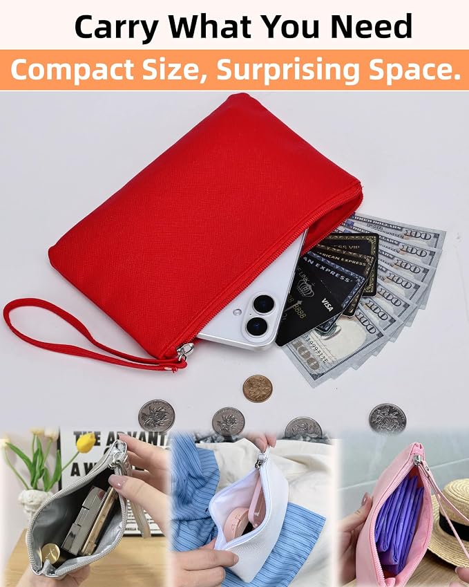 2 Pack Small Zipper Pouch Mini Makeup Bag for Purse Lipstick Cosmetic Travel Make Up Organizer for Women Essentials Feminine Products, Car Change Coin Holder 8x5 Phone Wristlet Wallet, Red