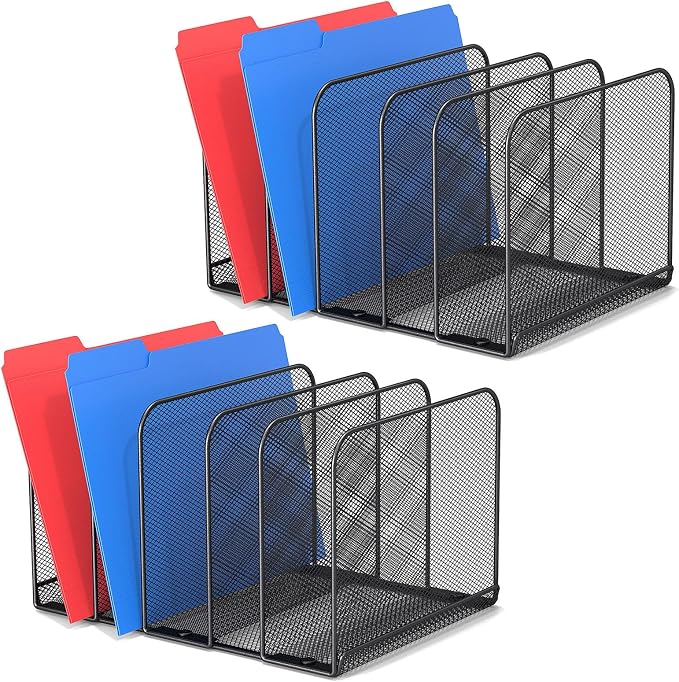 TOPCJ 5 Sections Desk File Holder/Rack/Sorter,Mesh File Organizer,File Folder Organizer,Metal Upright Desktop Organization for Documents,Magazine,Kitchenware,Antiskid,Antirust,Sturdy,2 Packs