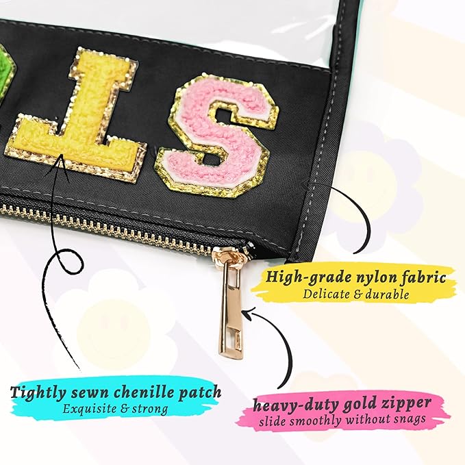 Preppy Patch Stuff Bag for Travel, 2 PCS Chenille Letter Clear Sunscreen Bag, PU Waterproof Beach Snack Makeup Cosmetic Bag Pouch, Gift for Women Girls