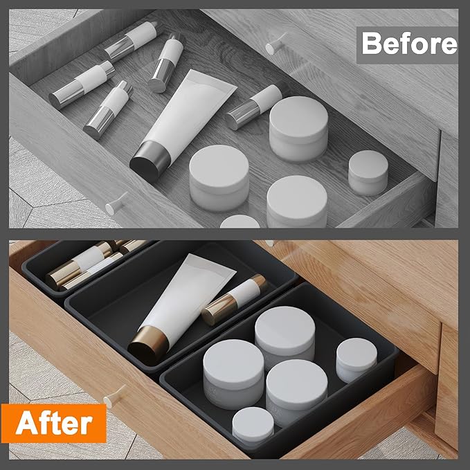 QUELIEN Desk Drawer Organizer Tray Set, 16PCS Plastic Drawer Organizer Bins for Office, Makeup, Kitchen - Gray Blue Desk Organizer with Flexible Interlocking Design for Efficient (Gray Blue, 16PCS)