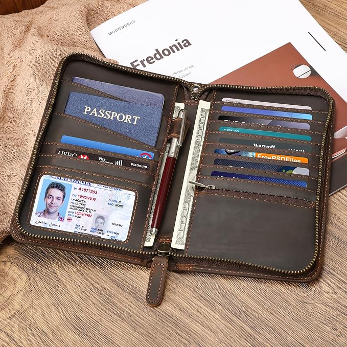 Polare Full Grain Leather Travel Passport Holder RFID Blocking Cover Case Travel Document Organizer Wallet Holders 2 Passports With YKK Zipper