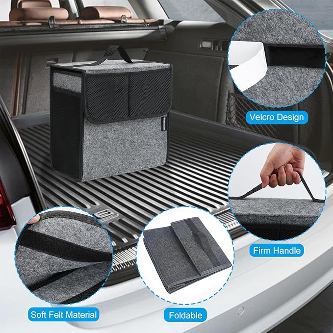 Car Trunk Organizer,Soft Felt Car Bag Organizer 12x7x12 inch Folding,for Honda CRV Civic Accord Ford Focus Fusion Toyota RAV4 Jeep SUV/Truck/Sedan（Gray