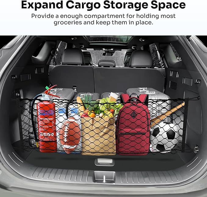 Canvcle Trunk Cargo Net for 2023-2025 2026 Kia Sportage Accessories Envelope Style Mesh Trunk Net Organizer and Storage Stretchable Adjustable Elastic Nylon Rear Cargo Netting with Hooks