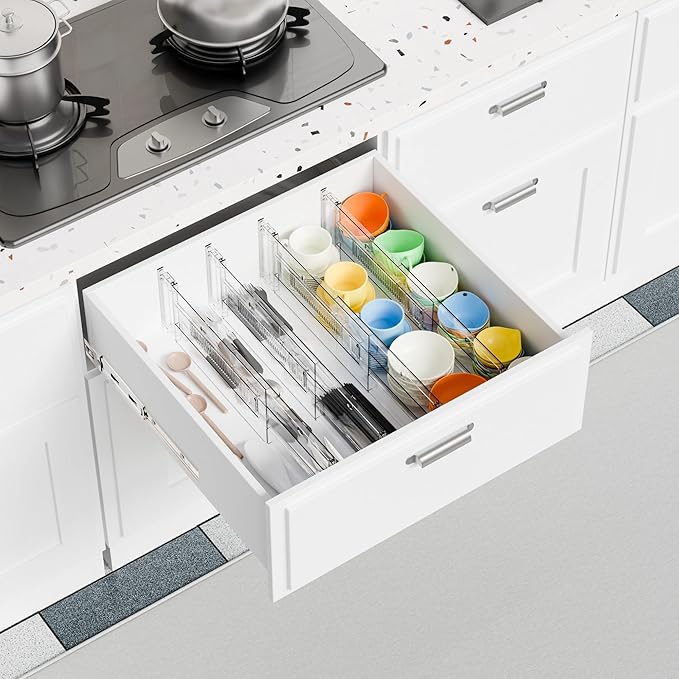 Yieach 8 Pack Clear Acrylic Drawer Divider 6 Inch High,Expandable from 14-20'',Adjustable Dresser Drawer Dividers for Baby Clothing,Underwear and Sock,Separators,Deep Drawer Separators for Kitchen