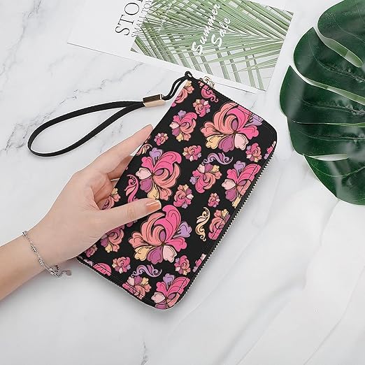 Unisex Zip Around Wallet for Adults Teens Abstract Colored Flowers Coin Pouch Cash Pocket PU Leather Wallets Card Holder Organizer Designer Purse with Wristlet Strap