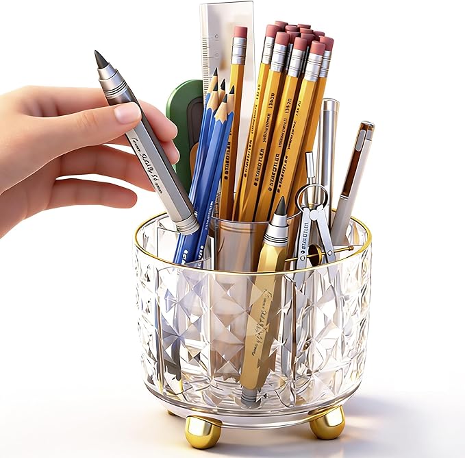 360° Rotating Pencil Holder for Desk, Makeup Brush Holder with 6 Slots, Desk Organizer for Writing Utensil, Office and School Supplies (Transparent)