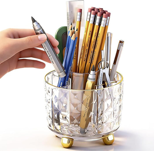 360° Rotating Pencil Holder for Desk, Makeup Brush Holder with 6 Slots, Desk Organizer for Writing Utensil, Office and School Supplies (Transparent)