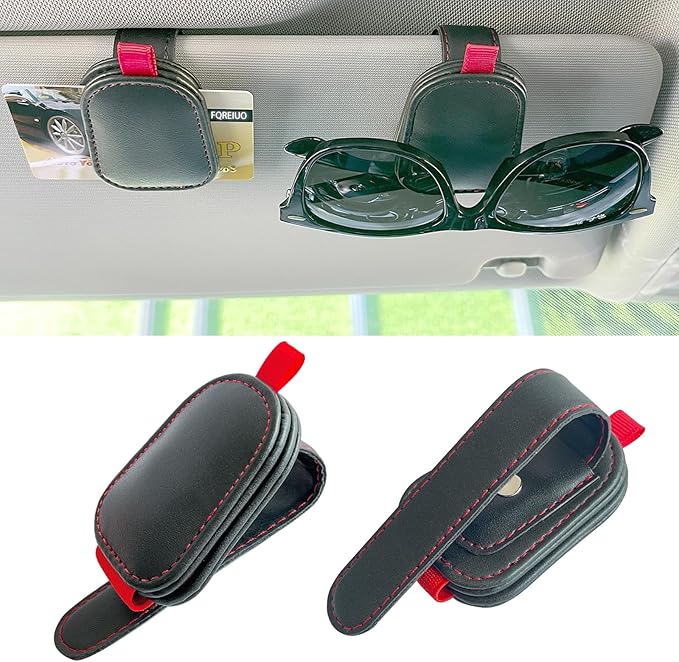 2 Pack Sunglasses Holder for Car Visor, Magnetic Leather Eyeglass Clip, Applicable to Most Eyeglasses,Ticket，Notes and Non-Magnetic Cards, etc. (Black)