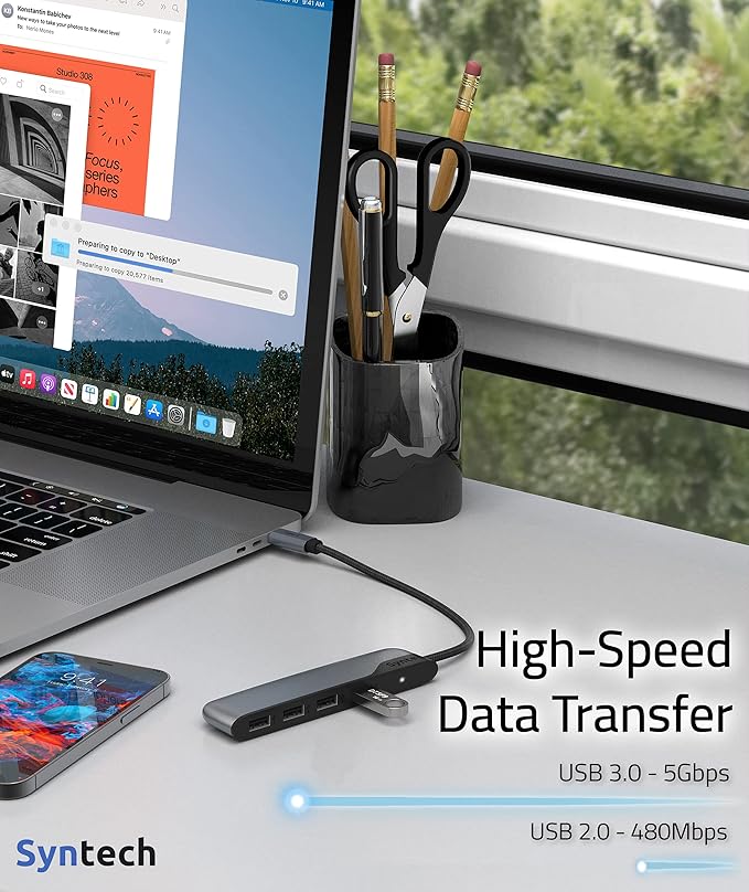 Syntech USB C to USB Hub 4 Ports, Type C to USB 3.0 Hub with A USB C to USB Adapter USB 2.0, Thunderbolt 3 to USB Hub, Compatible with iPhone 17/16/15 Pro Max, iPad mini 6, MacBook Pro/Air/Neo