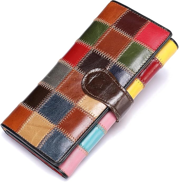 MASIWEI Genuine Leather Patchwork Wallet for Women Multicolor Trifold Wallets Ladies Card Holder Money Organizer with Coin Purse