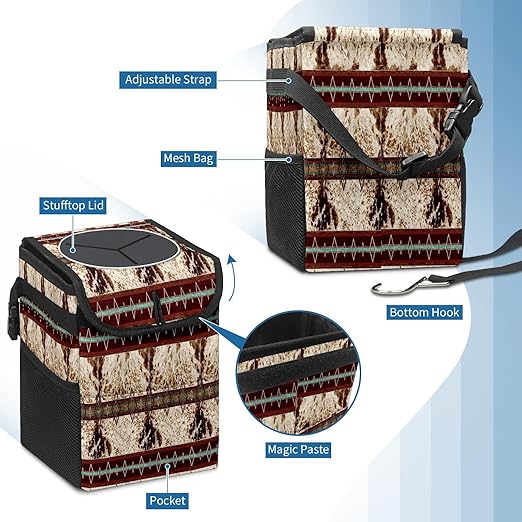 Car Trash Can with Lid Western Cowhide Aztec Collapsible Reusable Leak-Proof Auto Garage Bag,Hanging Vehicle Car