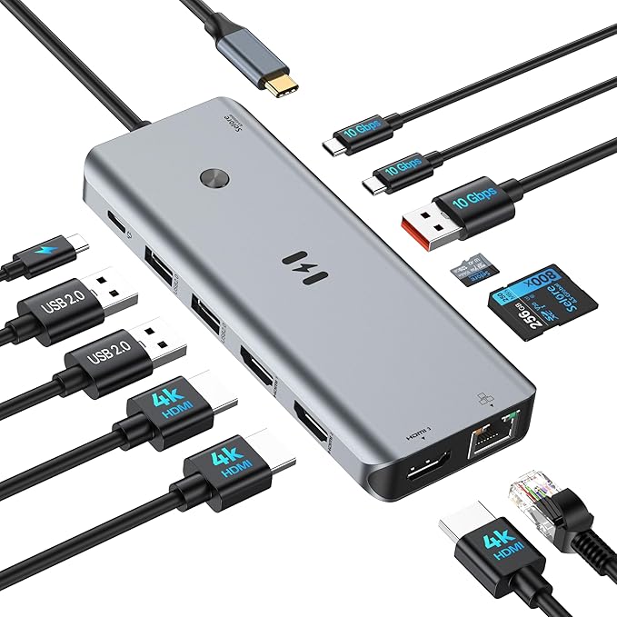 USB C Docking Station 3 HDMI, Selore 13-in-1 Docking Station 3 Monitors with Triple HDMI, 10Gbps USB A/C 3.1, 100W PD Charging, Gigabit Ethernet, SD/microSD Card Reader for Dell/HP/Lenovo Laptops