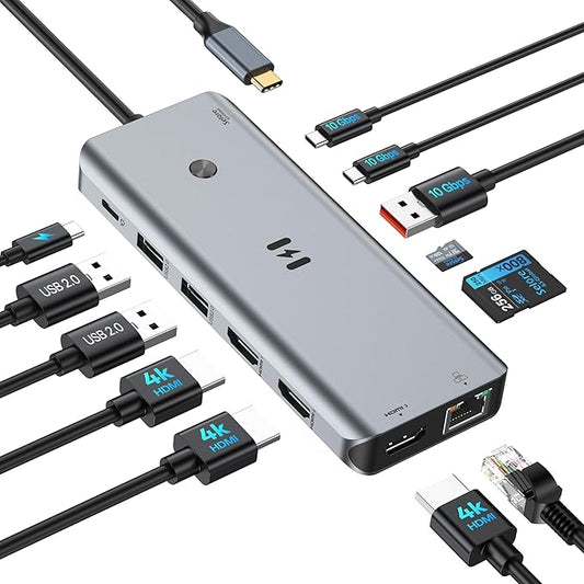 USB C Docking Station 3 HDMI, Selore 13-in-1 Docking Station 3 Monitors with Triple HDMI, 10Gbps USB A/C 3.1, 100W PD Charging, Gigabit Ethernet, SD/microSD Card Reader for Dell/HP/Lenovo Laptops
