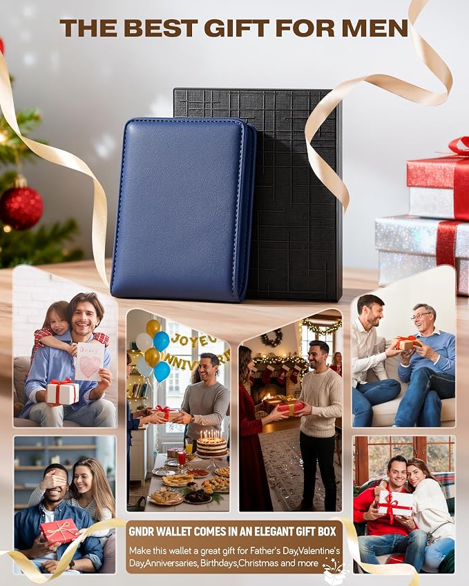 GNDR Wallet For Men Bifold Blue RFID Blocking Slim Faux Leather Wallets Card Holder Front Pocket Minimalist Men Accessories With Gift Box