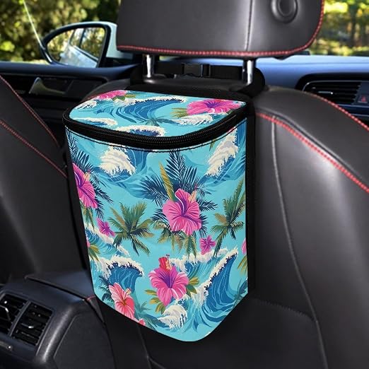 Biyejit Hawaiian Hibiscus Car Trash Can, Adjustable Straps Hanging Storage Organizer Bag, Collapsible Multipurpose Garbage Bin Bag for Car Accessories