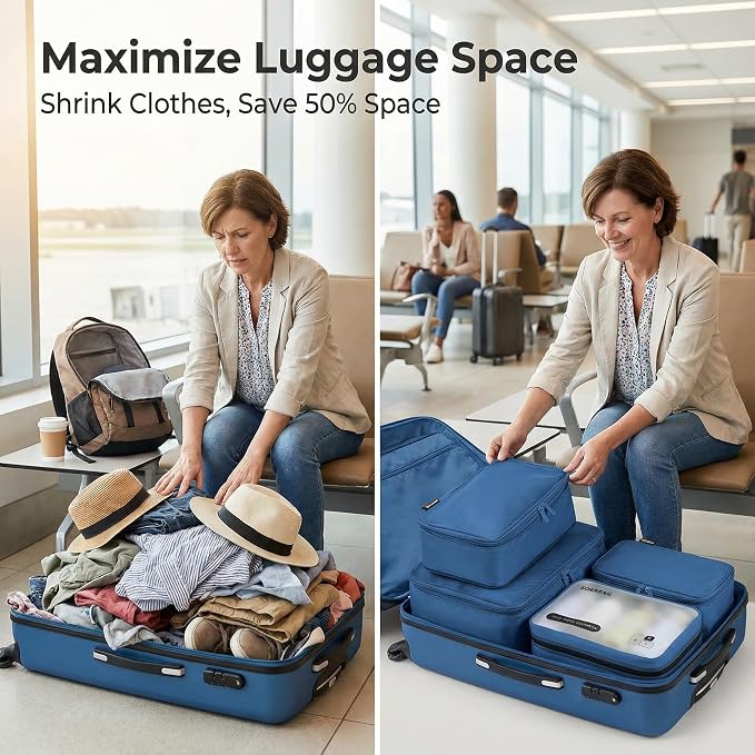 6 Set Compression Packing Cubes for 7–14 Day Travel, Dark Blue | Nylon Oxford Fabric, Full Breathable Mesh, Reinforced Double-Zipper, Small to Large Size Bag, Expandable Packing System