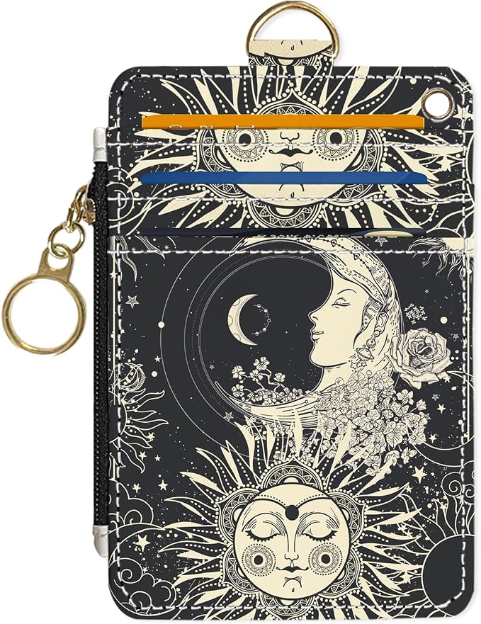 Slim Wallet Credit Card Holder, Sun and Moon FaceX, RFID Wallet Women Cute Small Front Pocket Wallet With Zipper, PU Leather Thin travel RFID Blocking Card Case ID Window,Ladies Gifts