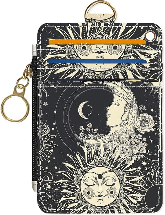 Slim Wallet Credit Card Holder, Sun and Moon FaceX, RFID Wallet Women Cute Small Front Pocket Wallet With Zipper, PU Leather Thin travel RFID Blocking Card Case ID Window,Ladies Gifts