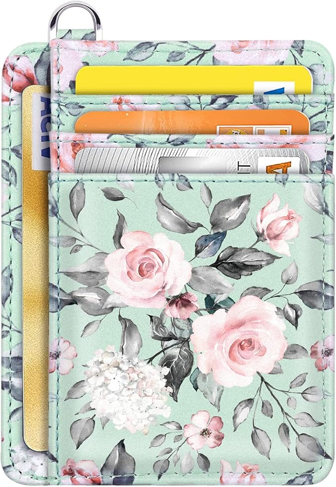 Coco Rossi Slim Front Pocket Wallet RFID ID Card Holder Cute Small Wallet with Keychian for Women,Green Flowers
