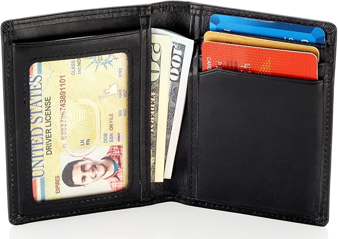 Stealth Mode Men's Slim Front Pocket Wallet - RFID Blocking, Thin Minimalist Bifold Design, Genuine Leather - ID Badge Window and 5 Sleeves for Money, Credit and Debit Cards, Driver's License - Black