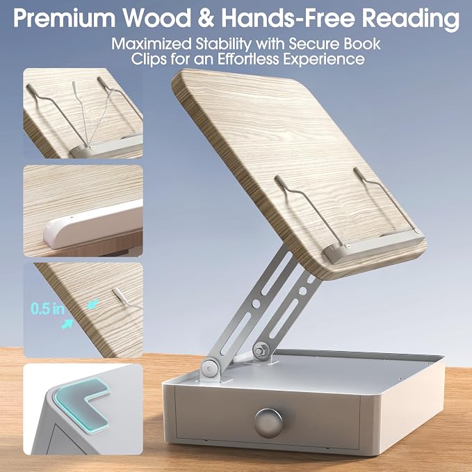 Book Stand with Storage Drawer, Adjustable Wooden Reading Stand for Desk, Ergonomic Height & Angle Book Holder for Textbooks, Cookbooks, Documents (White Ash Finish, 9.8" x 13.8" Large Panel)