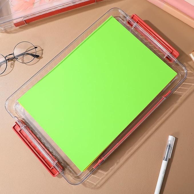 Plastic File Storage Boxes with Lids, 2pcs Small Desktop Organizers with Handle, Stackable Document and Paper Storage Bins for Office and School Use