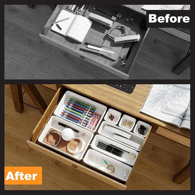 QUELIEN Desk Drawer Organizer Tray Set, 16PCS Plastic Drawer Organizer Bins for Office, Makeup, Kitchen - White Desk Organizer with Flexible Interlocking Design for Efficient (White, 16PCS)
