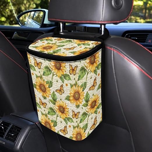 Biyejit Car Trash Can with Lid Collapsible Waterproof Car Garage Bag Reusable Automotive Garbage Bin with Adjustable Strap Car Accessories Interior Car Organizer, Fall Sunflower Butterfly