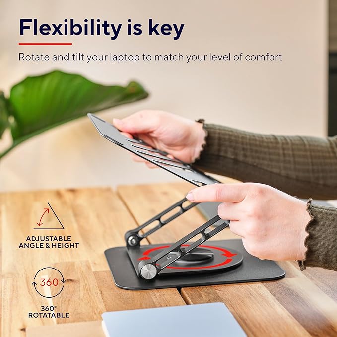Trust Zeff Ergonomic Laptop Stand for Desk with 360 Degrees Rotation, 16" Foldable Metal Laptop Riser, Height Adjustable, Laptop Holder for MacBook Tablet Dell HP Computer Home Office - Black
