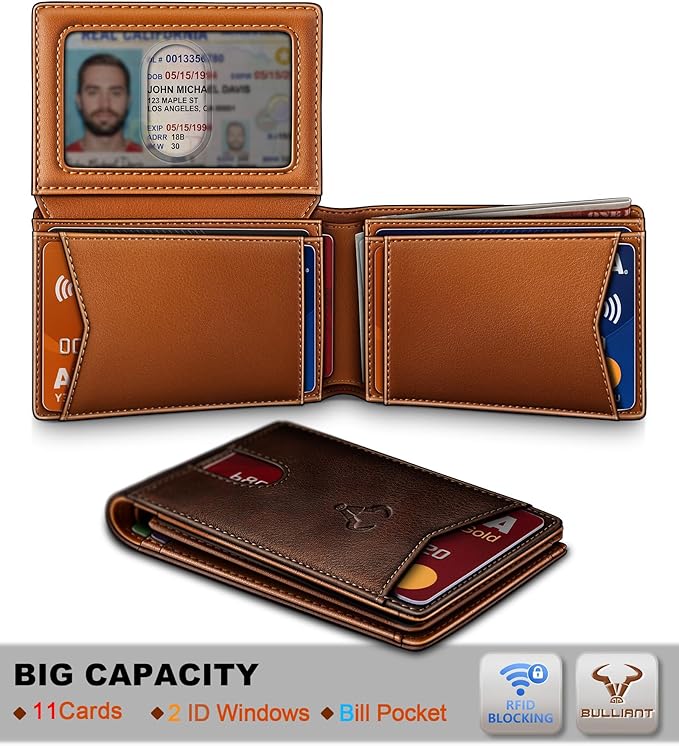BULLIANT Men Wallet, Slim Leather Wallet Front Pocket Card Holder Gift For Men 11 Slots RFID Blocking
