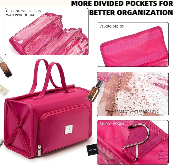 ROYALFAIR Roll Up Makeup Bag, Waterproof Toiletry Bag for Women, Hanging Travel Organizer bags with Jewelry Organizer Compartment, Extra Large 4 Clear TSA Approved Pouches Cosmetic Makeup (pink)
