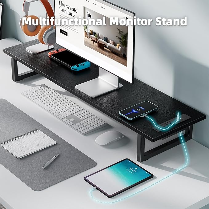 Simple Trending Dual Monitor Stand Riser with 2 USB Charging Ports, Desk Organizer With Drawer and 2 Pen Holders, Shelf for Top of Desk, Black
