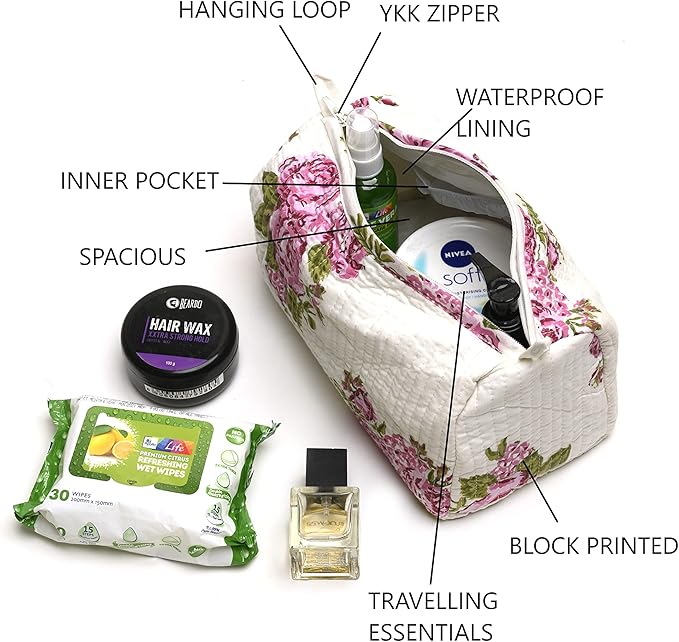 Cotton Hand Block Floral Print Toiletry Bag For Women Make Up Cosmetic Bag Jewelry Organizer Kit Storage Bag Case Travel Accessories Essential Toiletries Purse Open Pouch White 1 (9.25"x 6.88"x 4.5")
