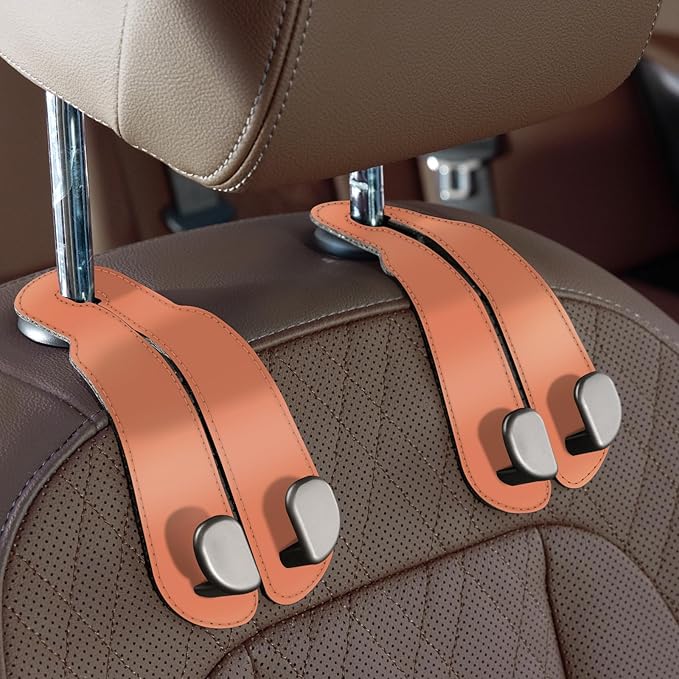 CoBak Purse Hook for Car - Universal Premium Stitched Leather and Aluminum-Magnesium Alloy Double Car Seat Back Storage Hook for Purses, Handbags, Bags (2 Pack),Coral Orange