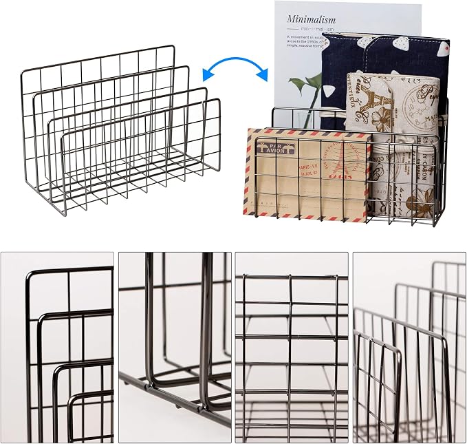 Desktop Mail Organizer File Organizer Metal Wire Mail Sorter Letter Organizer Magazine Rack for Letters, Mails, Books, Postcards, Brochures, Mail Holder (3 Slot, Dark Gray)