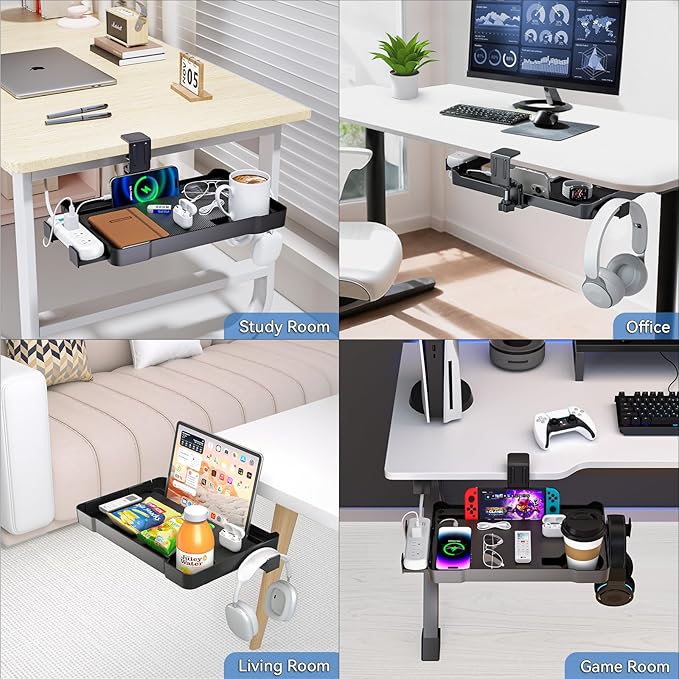 KDD Under Desk Organizer - 360° Rotating Clamp-On Tray with Headphone Hook, Phone & Tablet Holder, Cup Holder, and Cable Management - No Drilling Desk Storage Accessories for Office and Home