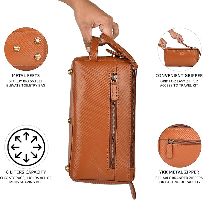 LEATHER VILLAGE Genuine Carbon Fiber Genuine Leather Travel Toiletry Bag - Large Dopp Kit, Water-Resistance Bathroom Kit & Shaving Organizer for Men & Women - Tan