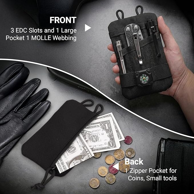 Small EDC Pocket Organizer, 5-Pocket EDC Pouch for Men, Compact EDC Tool Pouch for Knife Flashlight Pen Multitool, Black EDC Belt Pouch for Daily Carry