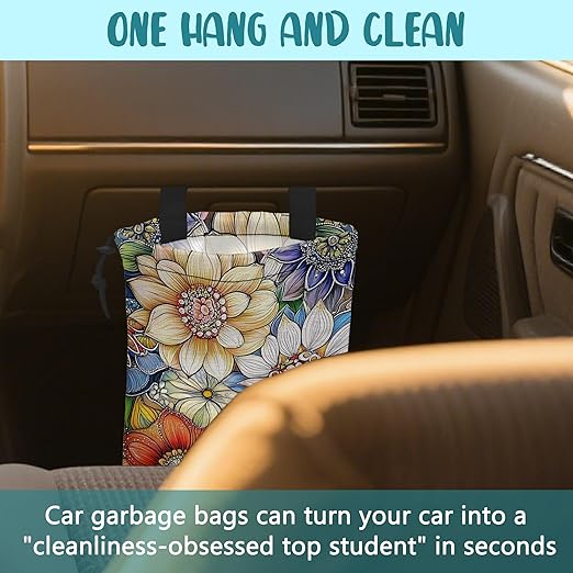 Car Garbage Bag Bright Yellow White and Blue Floral Hanging Canvas Car Trash Bag Drawstring Car Back Seat Organizer for Car Back Front Seat Console with Adjustable Buckle