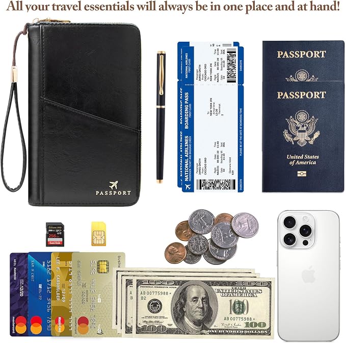 Family Passport Holder for Travel Women and Men RFID Passport Holder with Zipper Passport Case Passport cover Passport Wallet Travel Essentials and Accessories(1-2, Black)